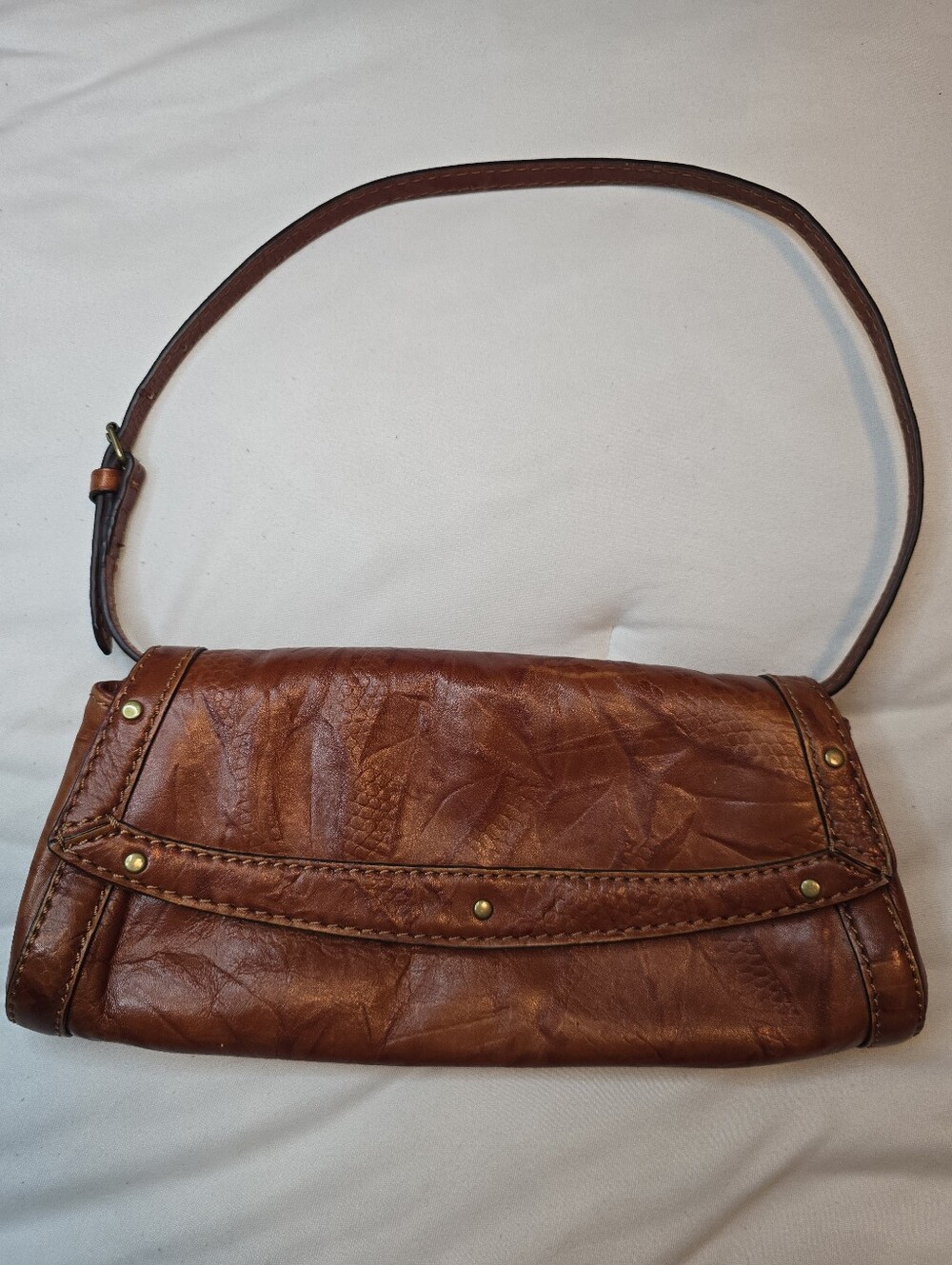 Vintage Y2K Hype Glazed Patchwork Leather Shoulder Bag – Distressed Cognac